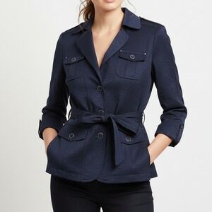 89th & Madison Women's Navy Utility Jacket Tie Waist Button Front Size M